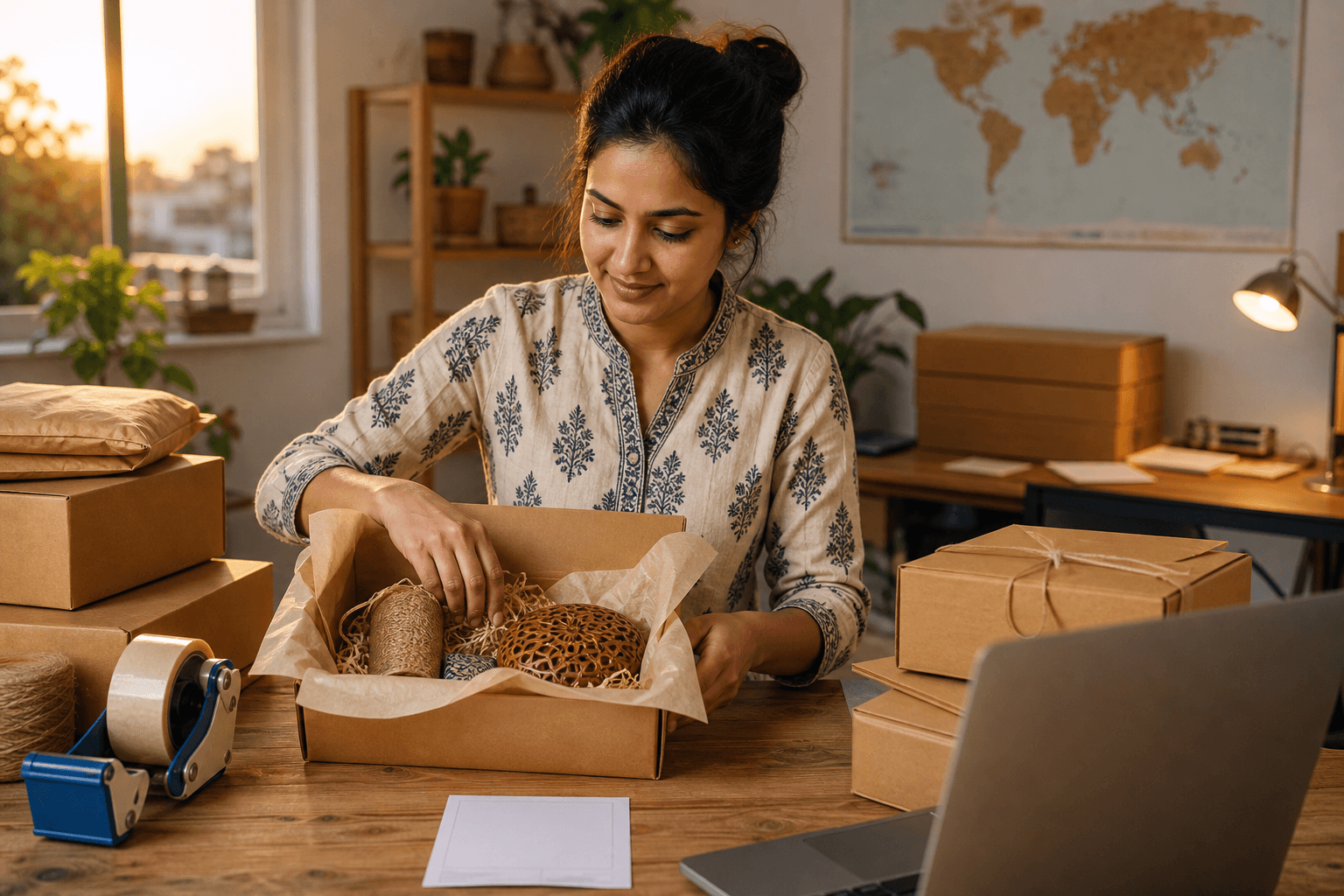 Indian ecommerce seller packing a product gift box for an overseas customer order
