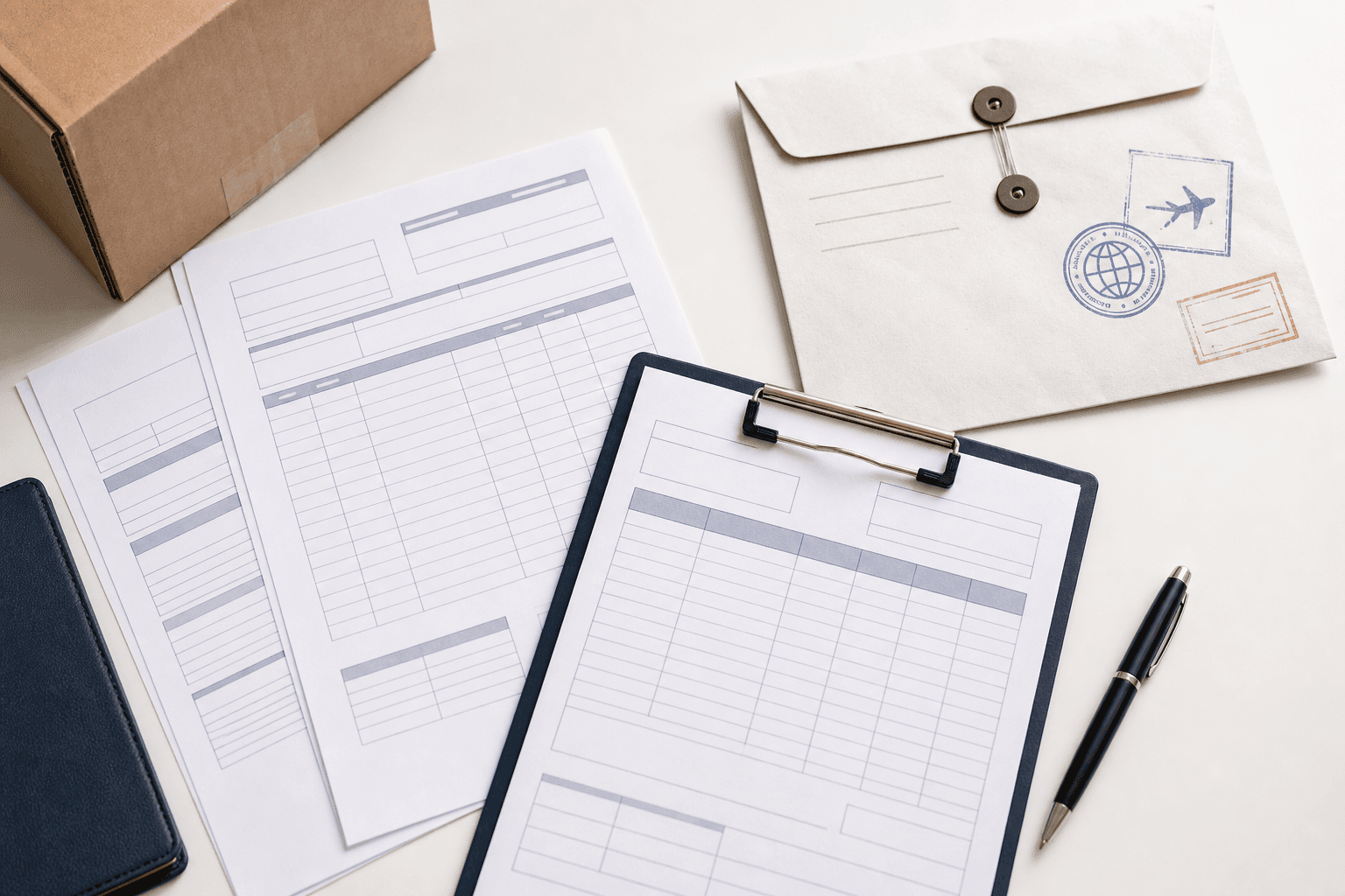 Flat lay of international shipping paperwork, sealed envelope and parcel carton on a desk ready for export