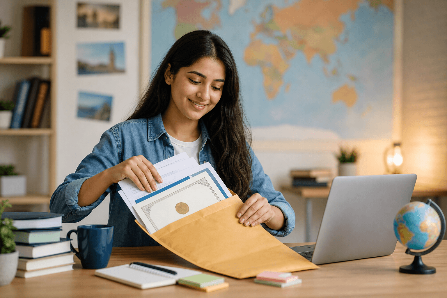 Student preparing certificates and documents in a courier envelope for overseas shipping from India