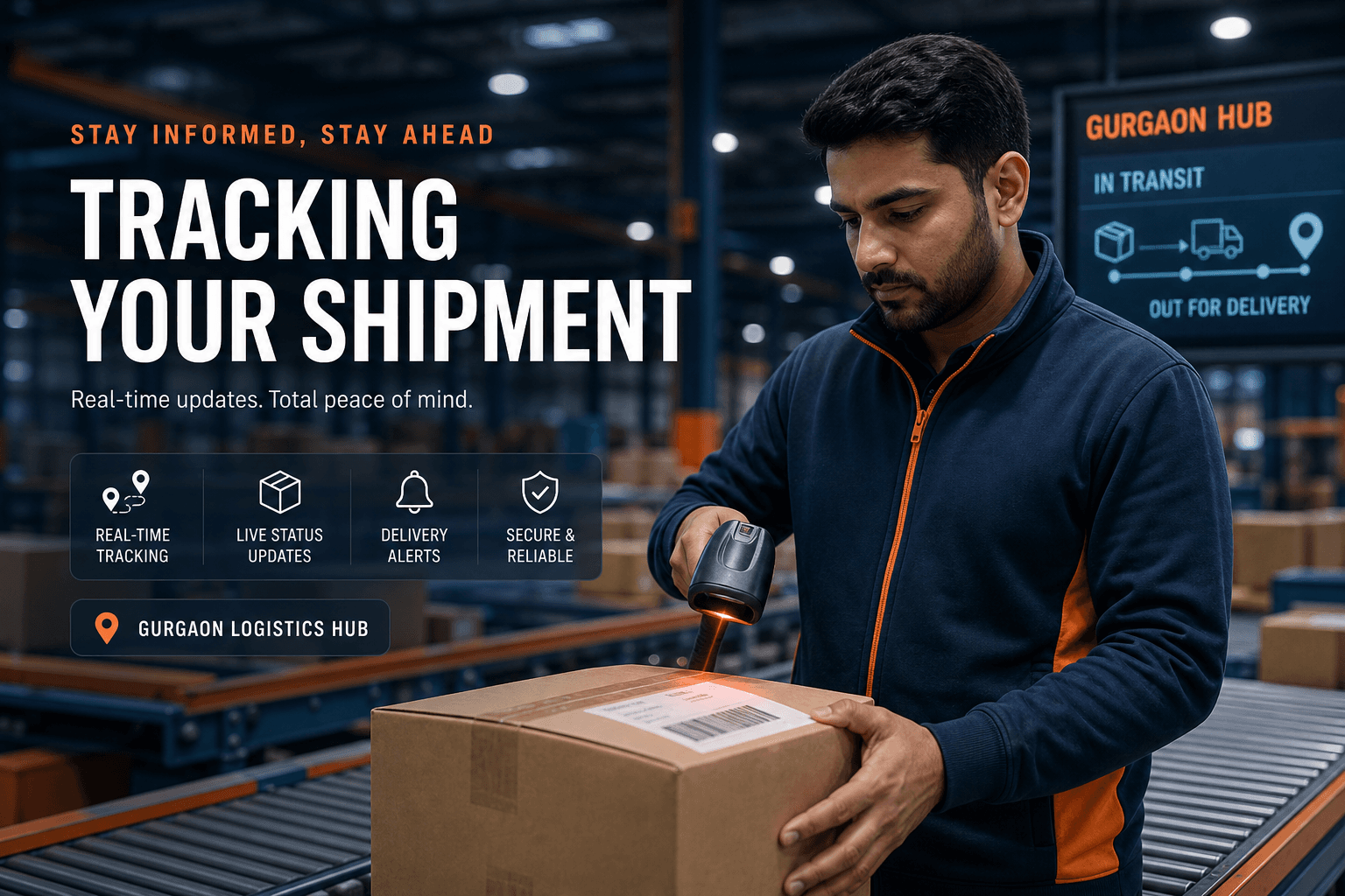 Logistics agent scanning a package barcode with a handheld scanner in a courier hub