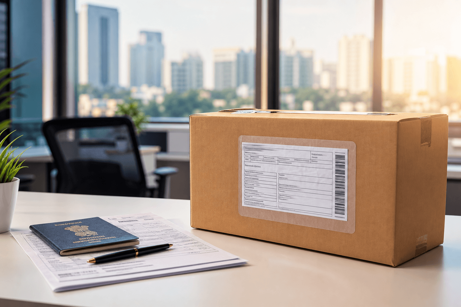 International shipping carton with airway label ready for overseas dispatch from our Gurgaon courier desk