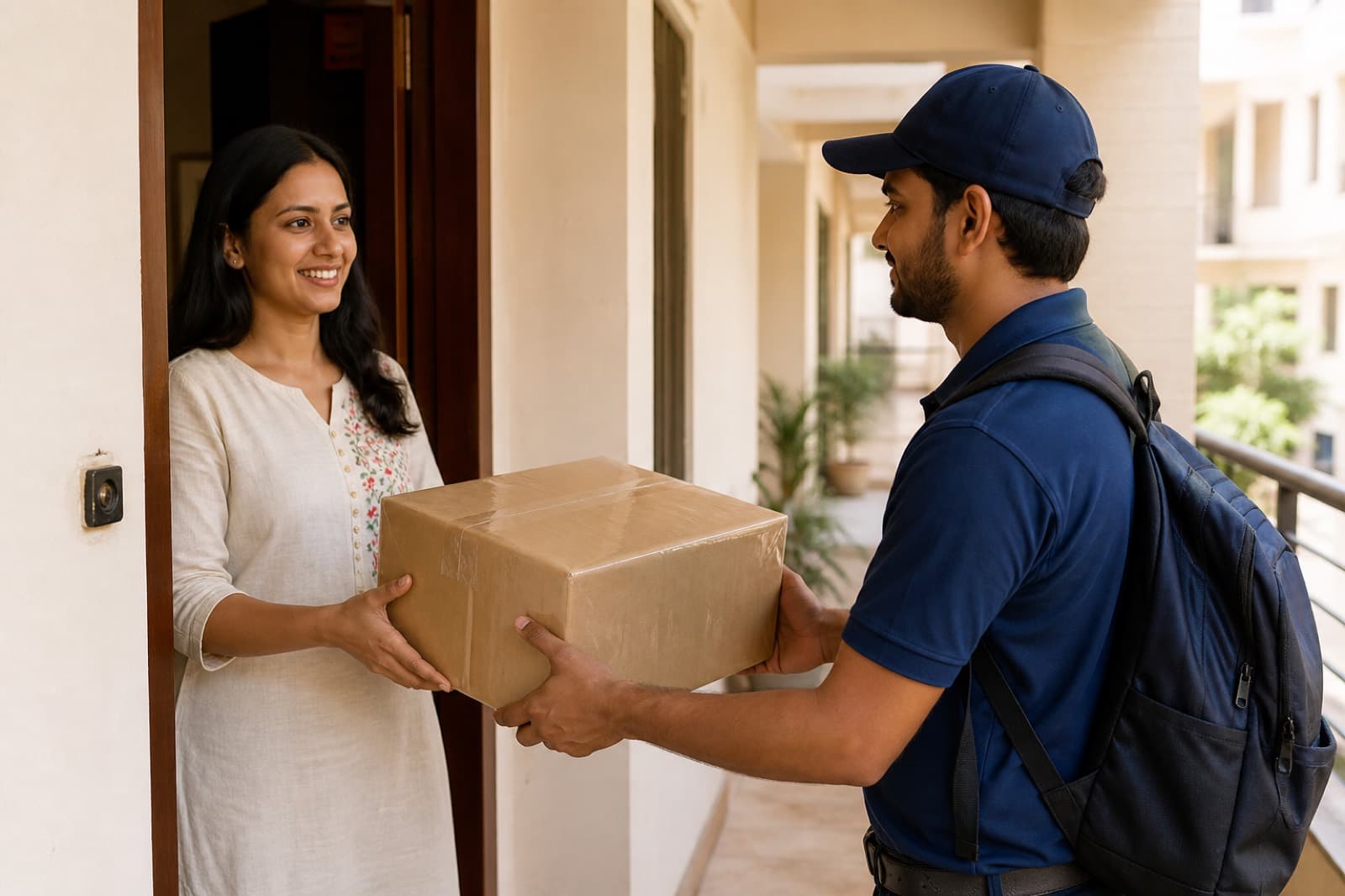 Same-day priority courier pickup collecting a package from a Delhi NCR doorstep